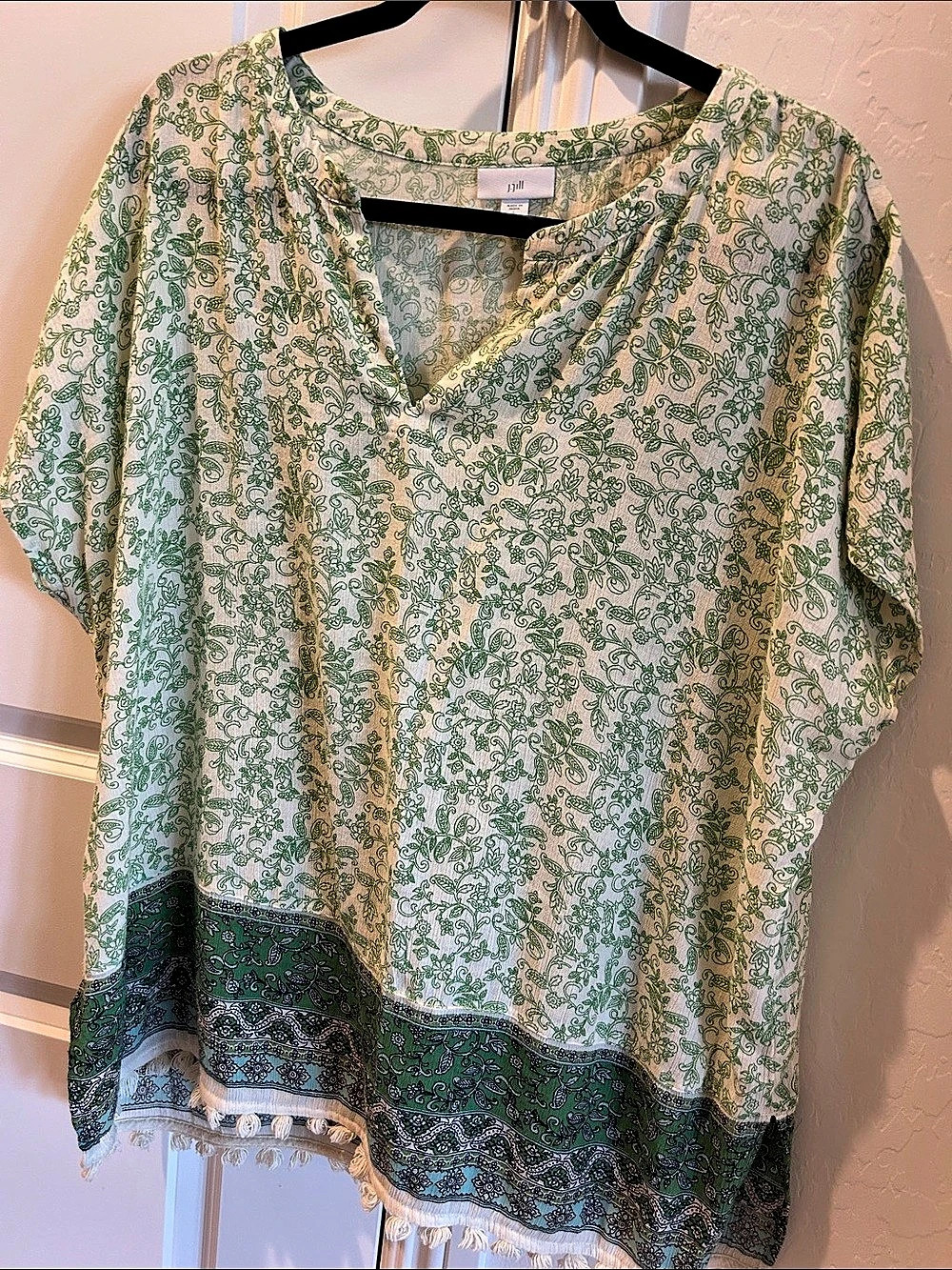 J Jill Boho Floral Paisley Mojito Han Tassel Fringed Tunic in Green & White L